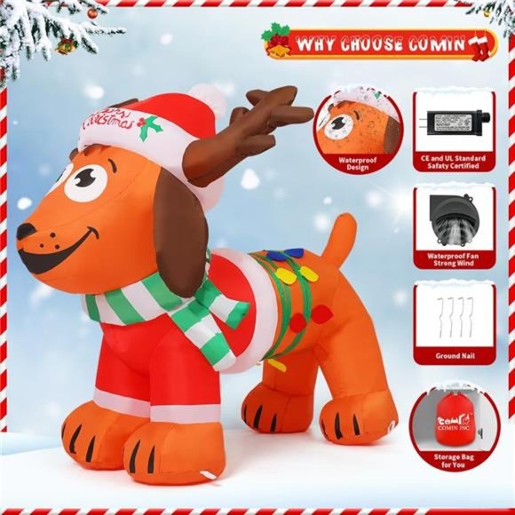 4FT Christmas Dog with Antler Hat, Built-in LEDs Blow Up Yard Decoration - Picture 5 of 6
